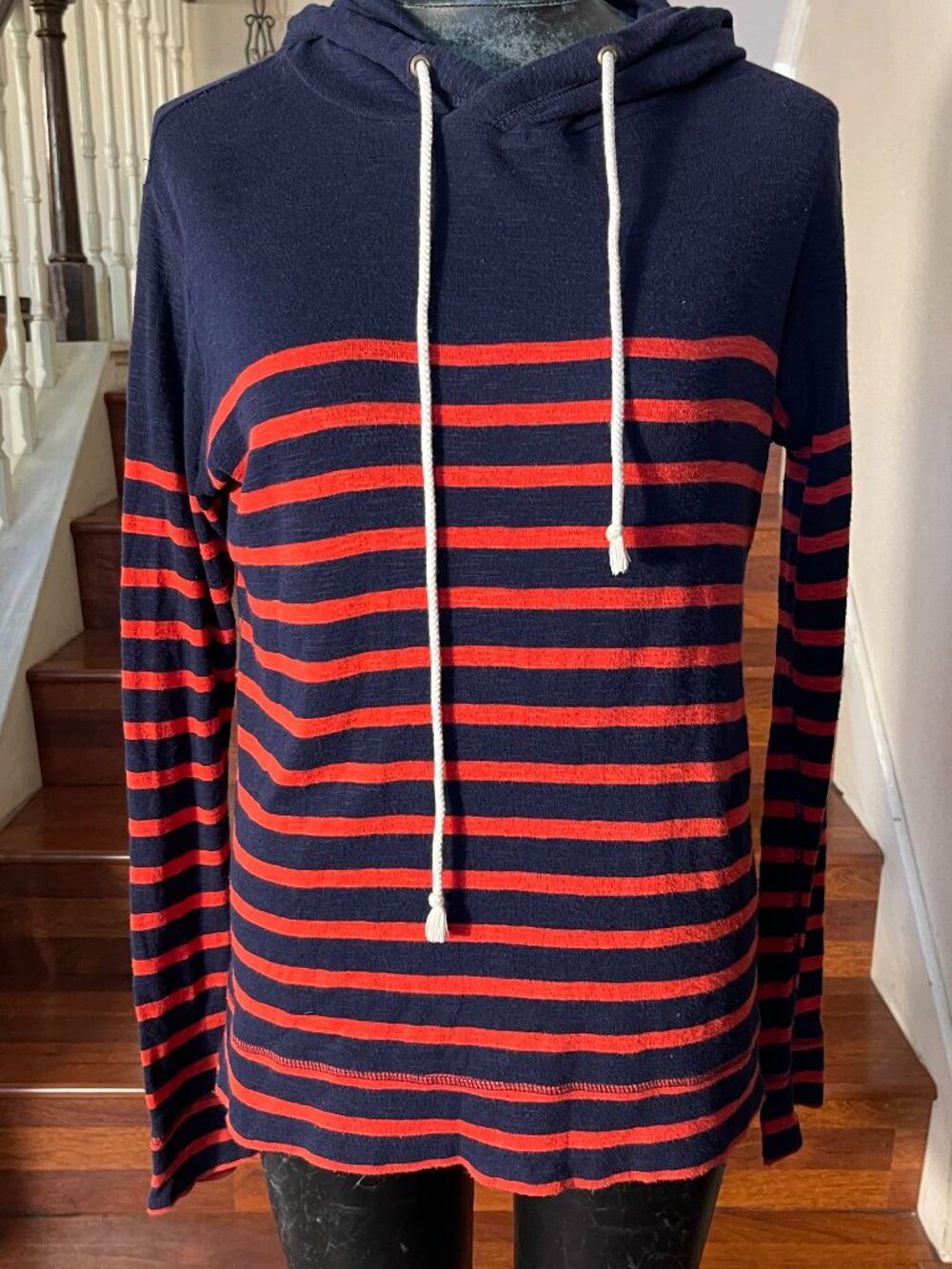 Vintage J. Crew Women's Striped Red/Navy Pullover Hooded Top Nautical Small